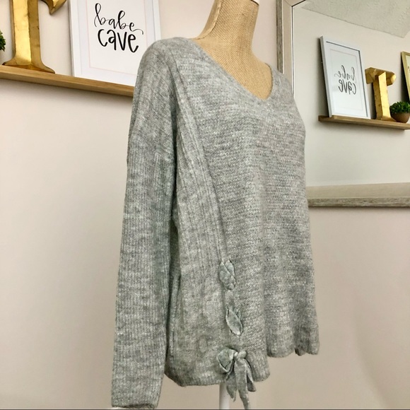 Umgee Heather Gray Cozy Knit Front Tie Slouchy Sweater - Picture 2 of 12